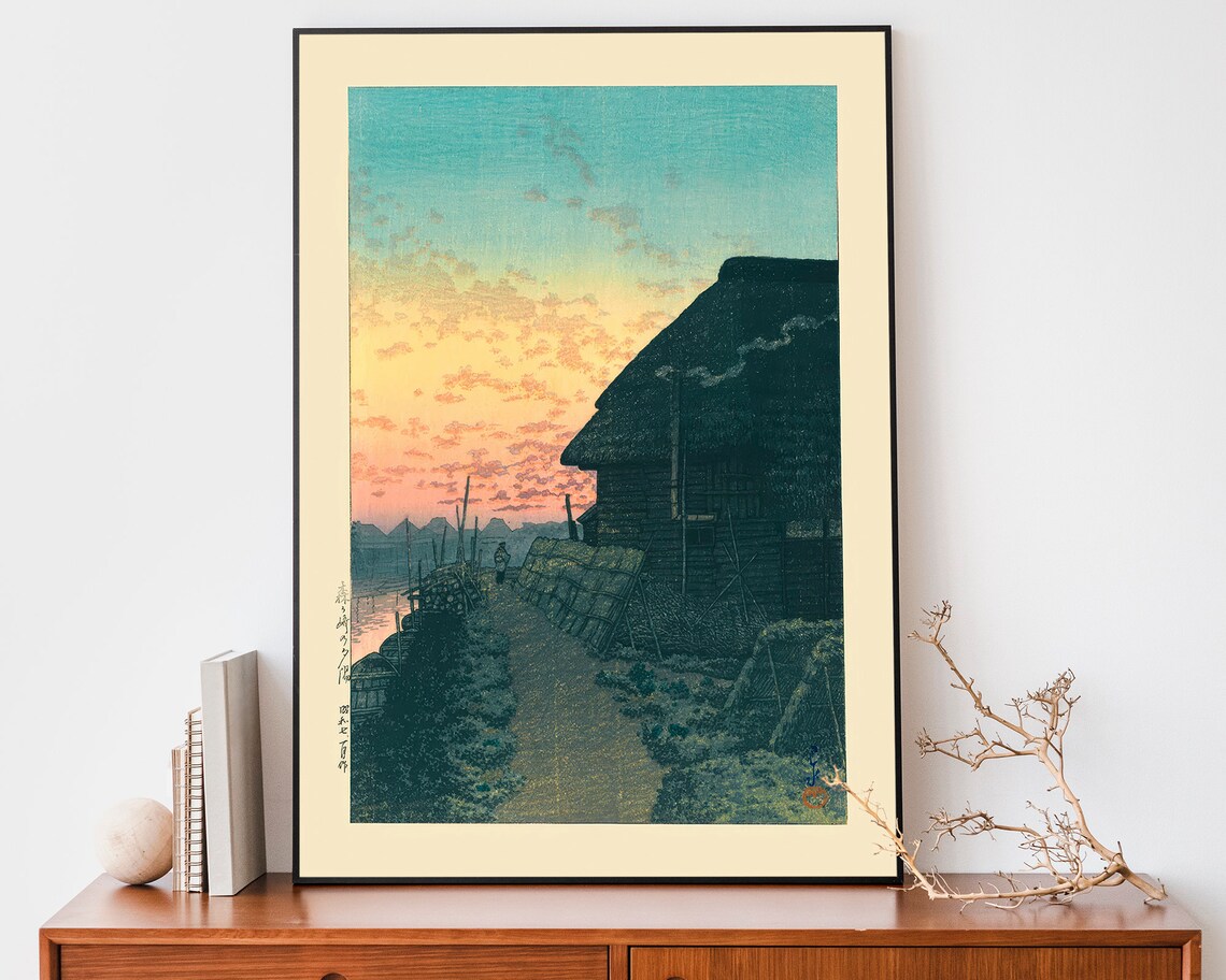 Kawase Hasui Thatched Farmhouse Sunset Path Figure Vintage Woodblock Poster