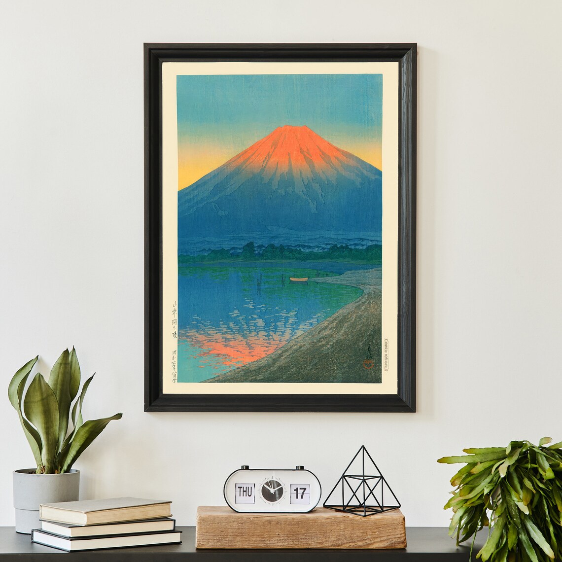 Mount Fuji Sunrise Lake Reflection Woodblock Style Japanese Poster - Image 3