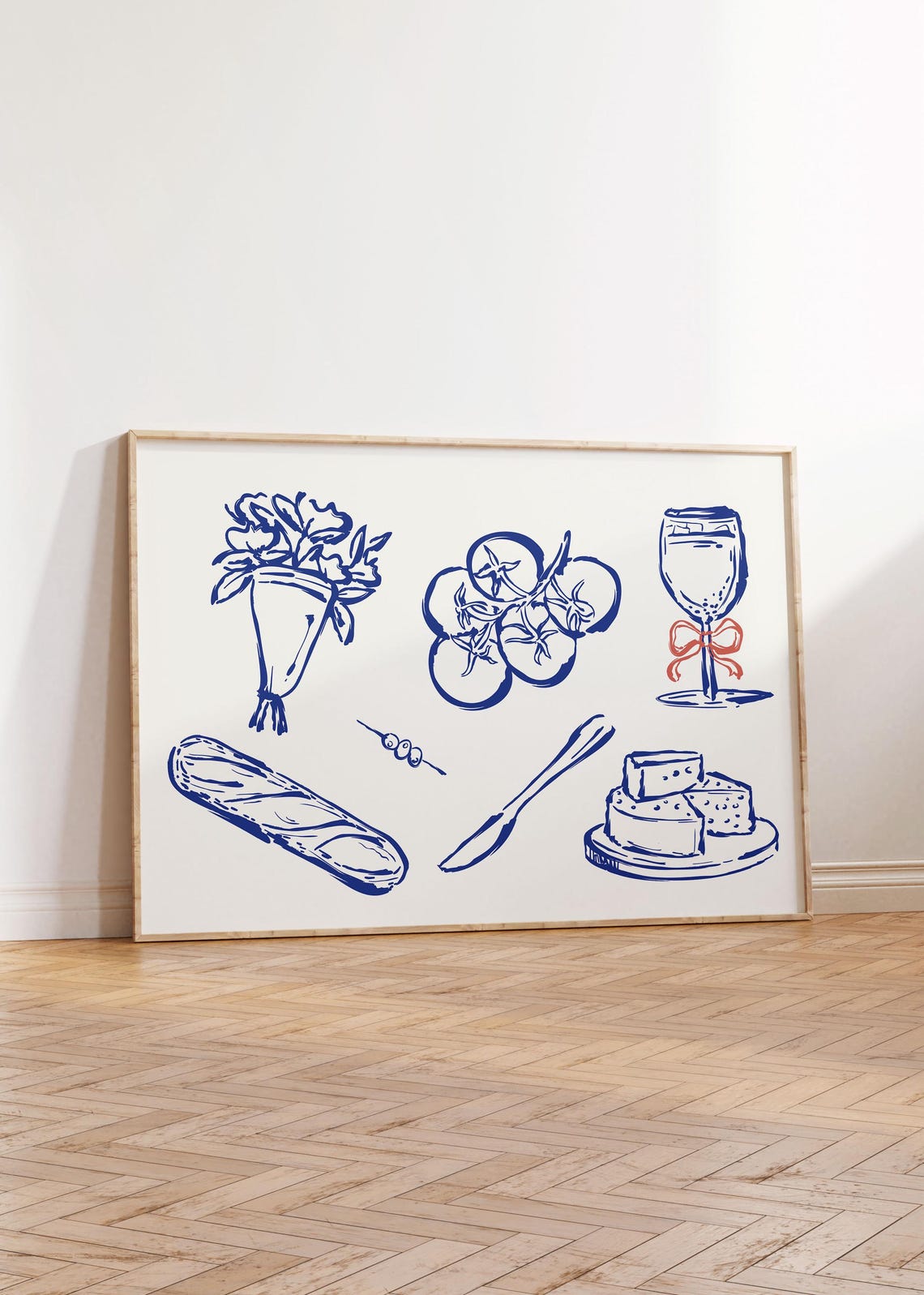French Dinner Party Blue Line Art Baguette Wine Cheese Poster - Image 3