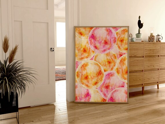 Pink Orange Disco Ball Watercolor Party Print Trendy Dorm Wall Poster