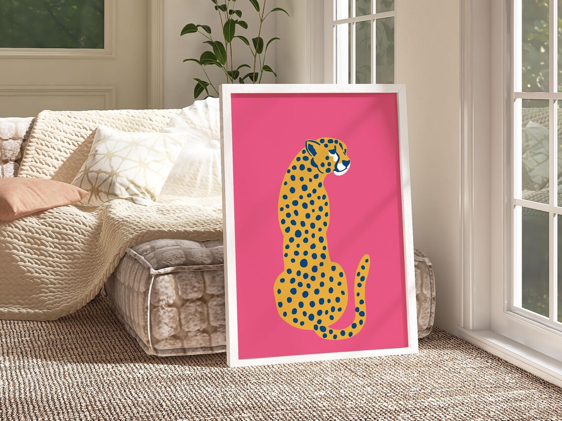 Golden Cheetah Blue Spots Hot Pink Bold Modern Safari Wall Art - Image 3