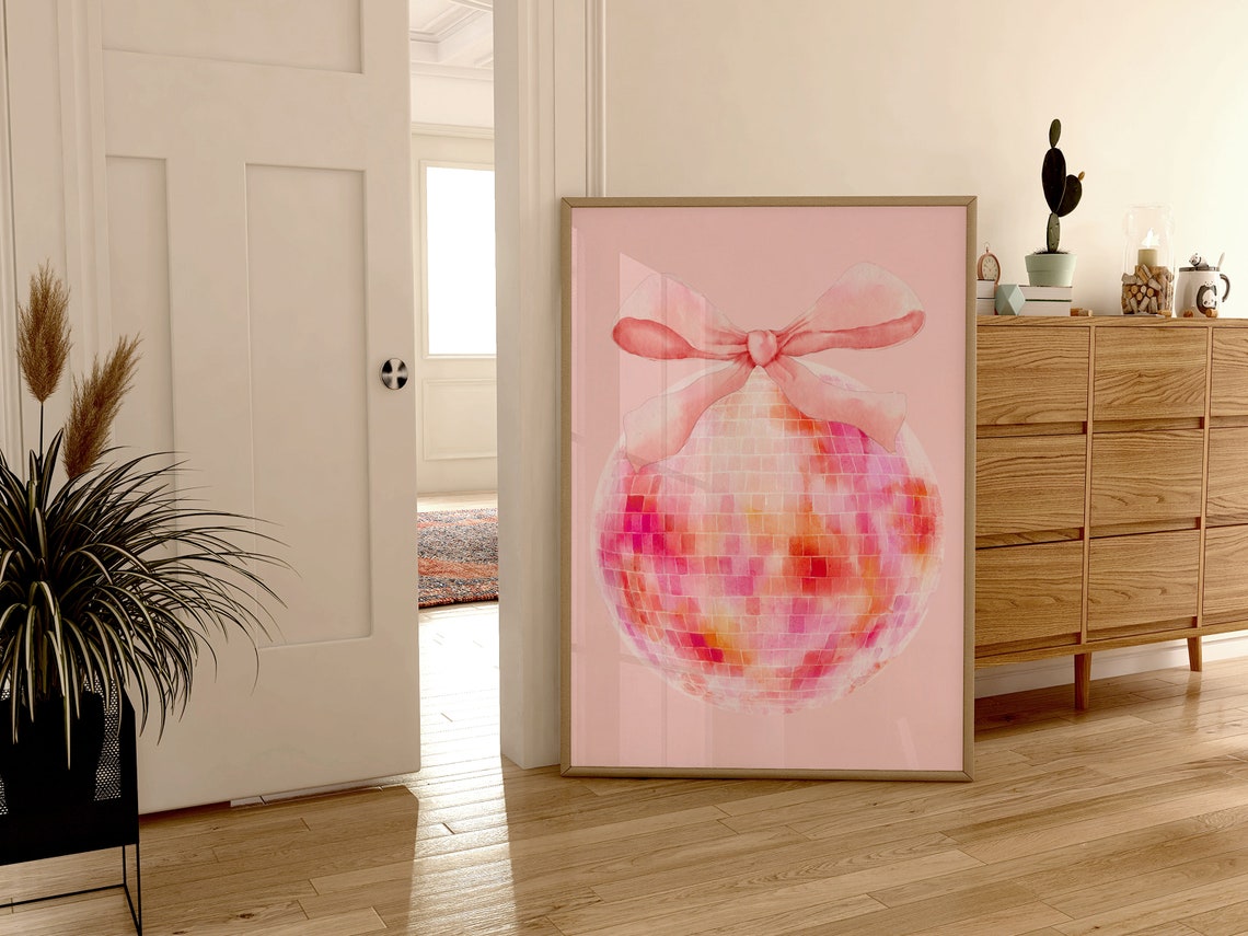 Pink Watercolor Disco Ball with Bow Trendy Coquette Party Wall Art - Image 3