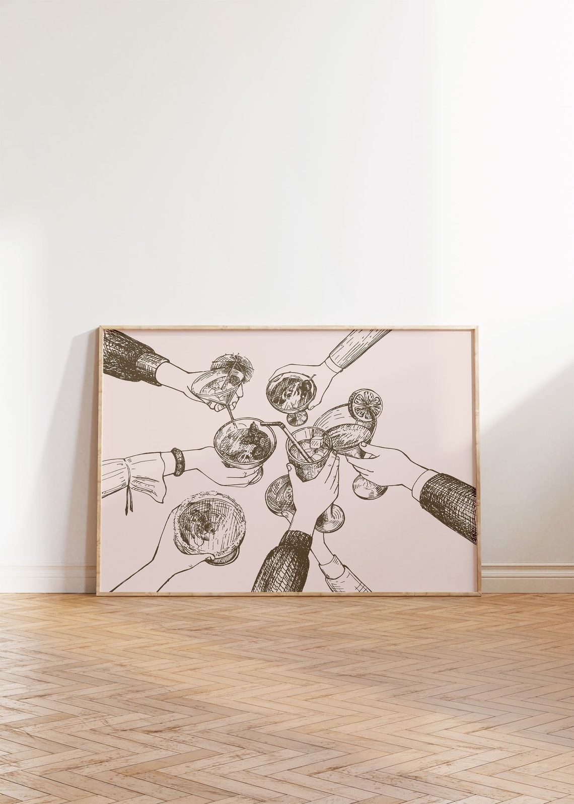 Dark Ink Cheers Cocktail Hands Toast Line Art Retro Bar Cart Print - Image 3