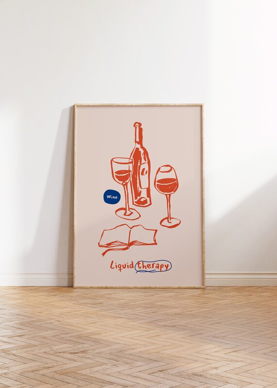 Wine Liquid Therapy Hand Drawn Bottle Glasses Book Kitchen Poster