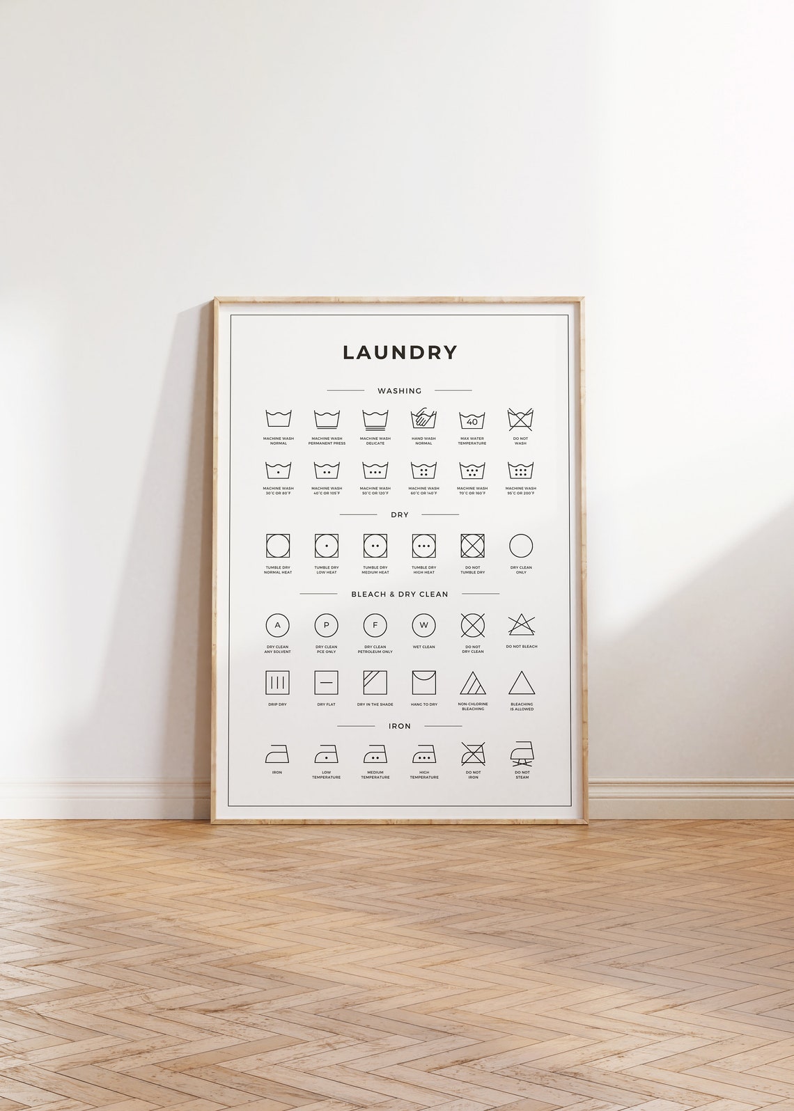 Laundry Care Symbols Guide Chart Minimal Black White Utility Poster