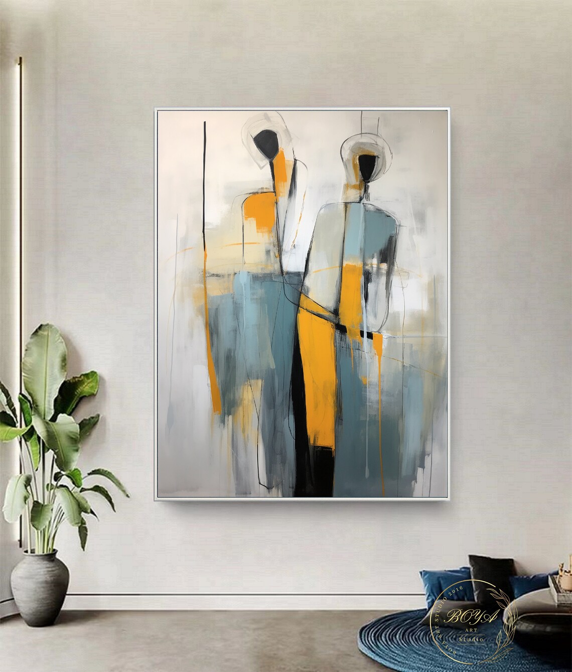 Large Figure Abstract Painting, Yellow and Blue Art Print - Image 2