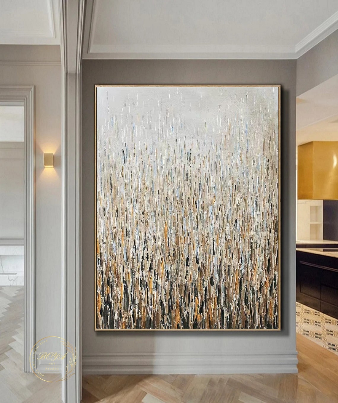 Elegant Beige Gold Vertical Streak Rain Abstract Painting Poster - Image 4