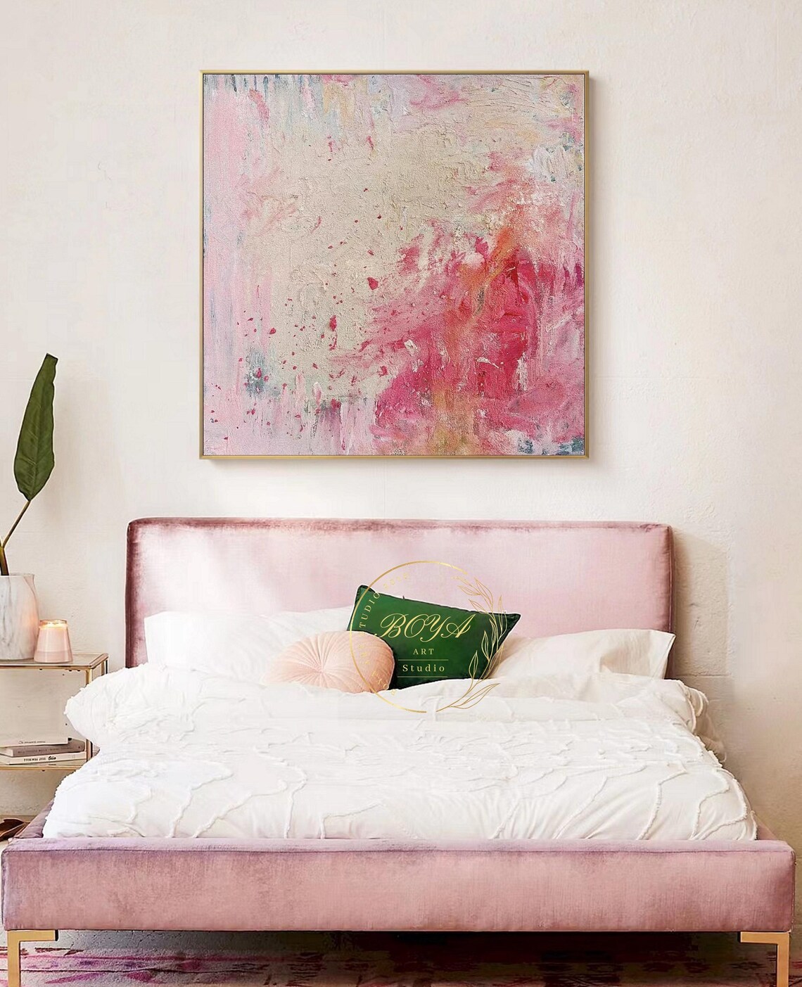Pink Abstract Texture Painting, Modern Beige Art Print - Image 2