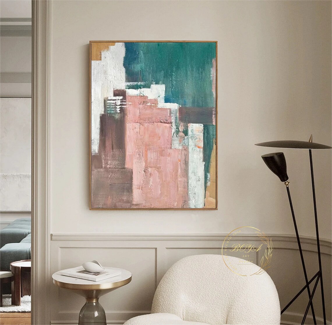 Large Texture Abstract Painting Pink Abstract Painting Green Art Multicolour Oil Painting Modern Abstract Wall Art Pink Textured Art - Image 3
