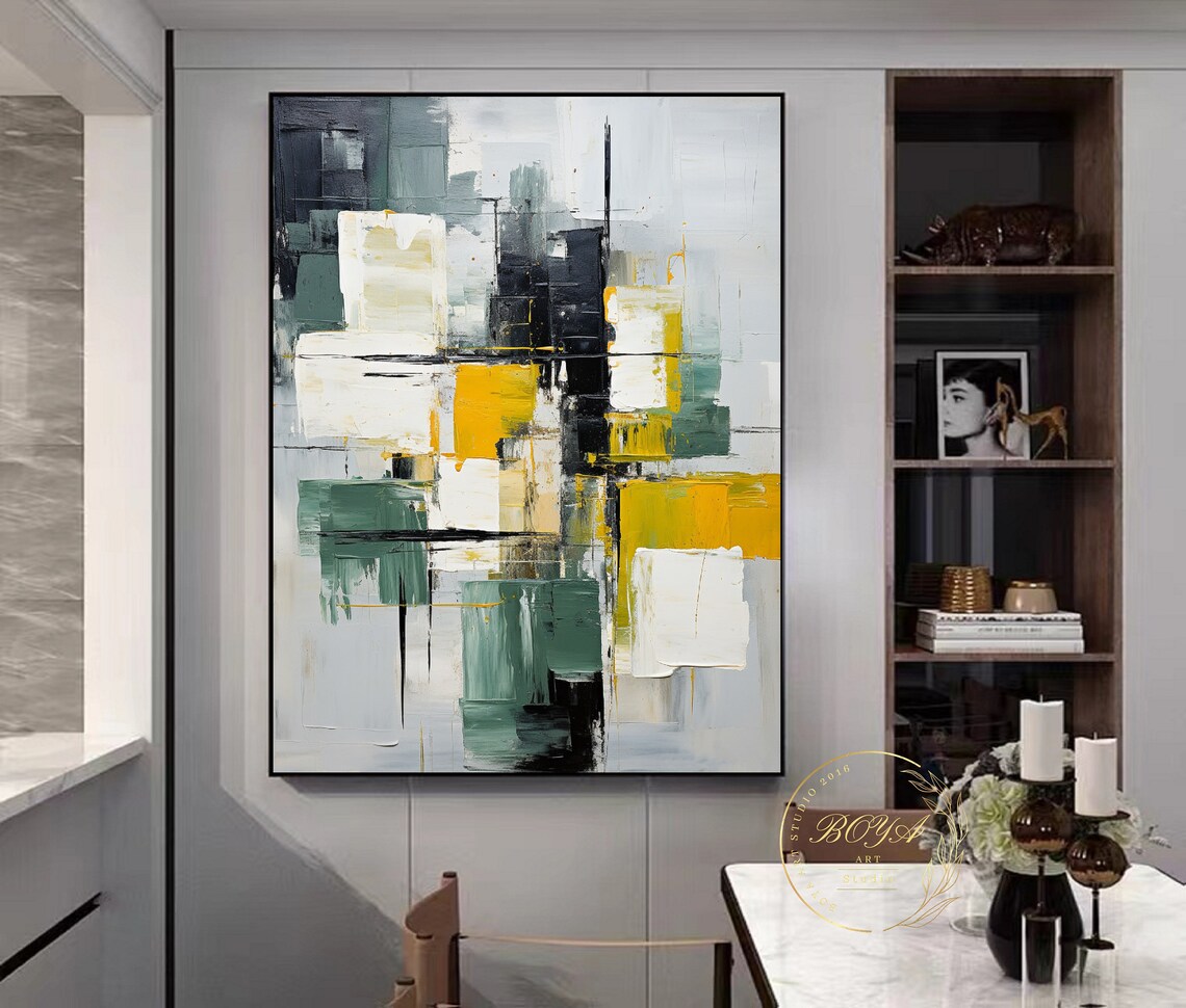 Moody Gray Green Yellow Black Cityscape Blocks Abstract Poster - Image 3