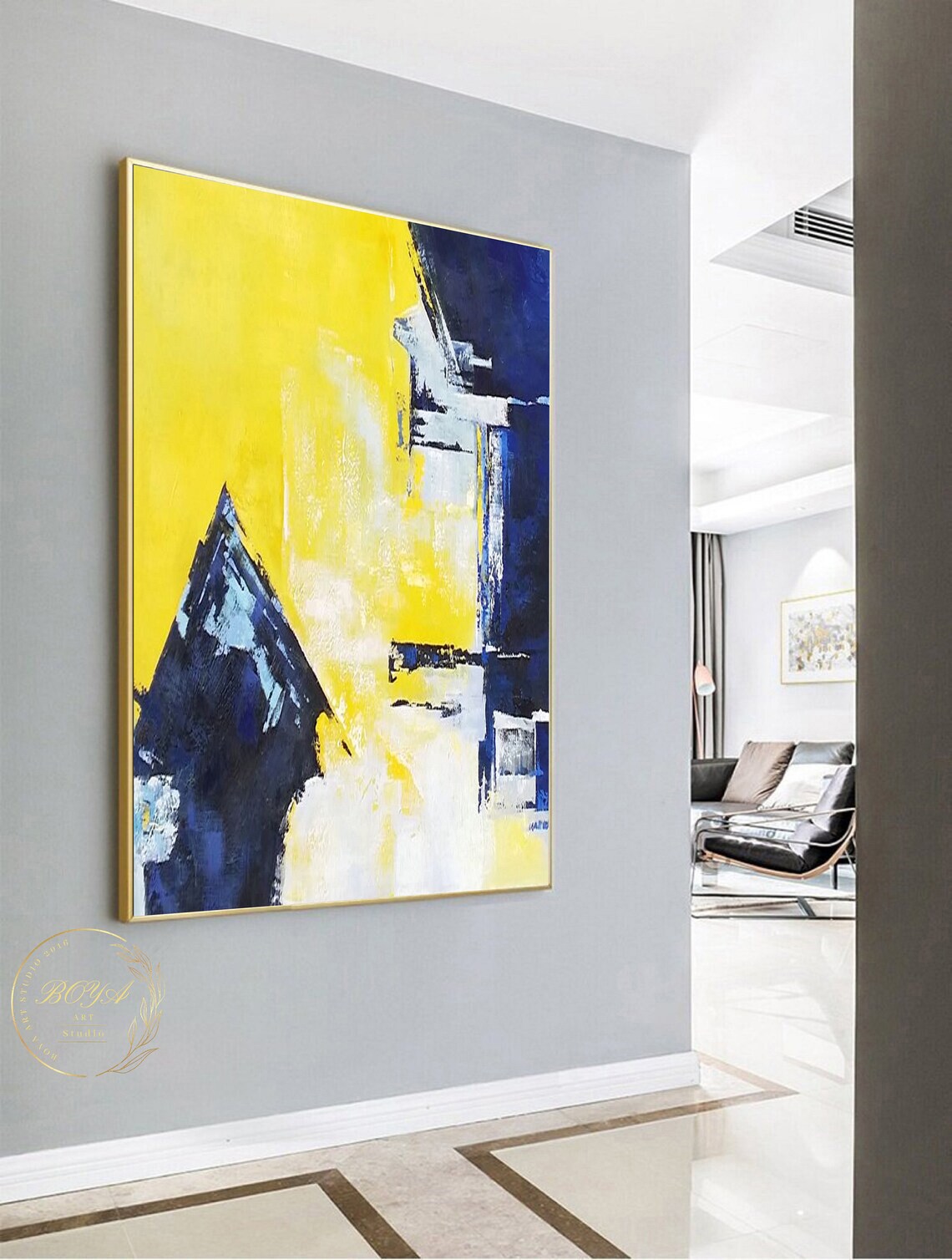 Yellow and Blue Geometric City Skyline Abstract Modern Art Poster - Image 3