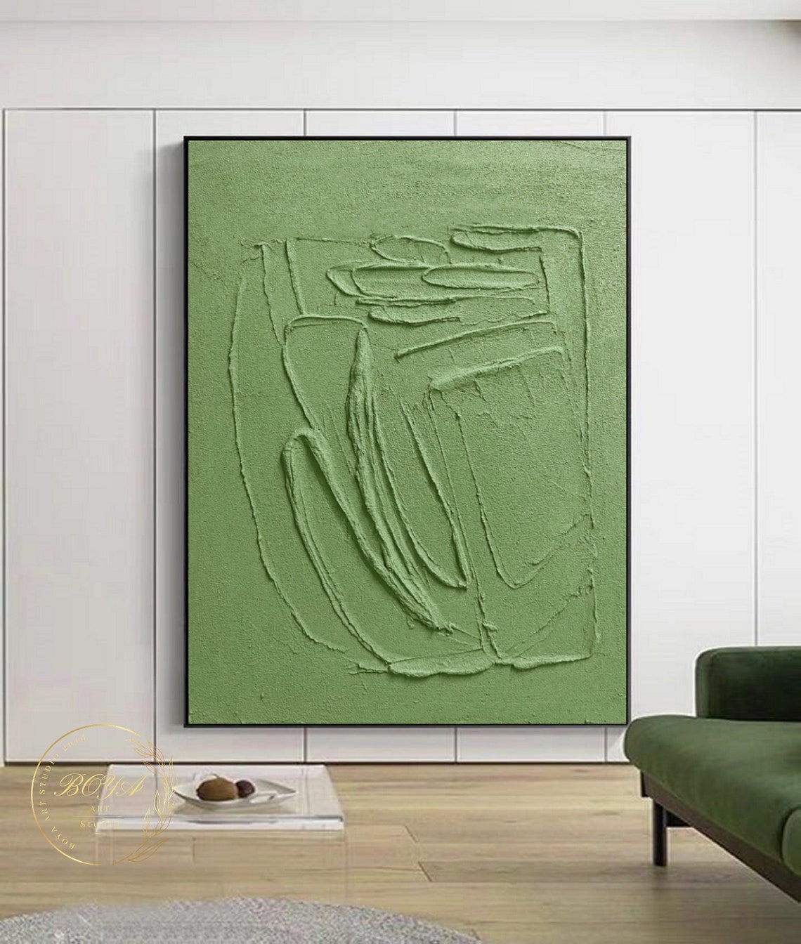 Handcrafted Sage Green Plaster Relief Line Art Minimalist Poster - Image 2