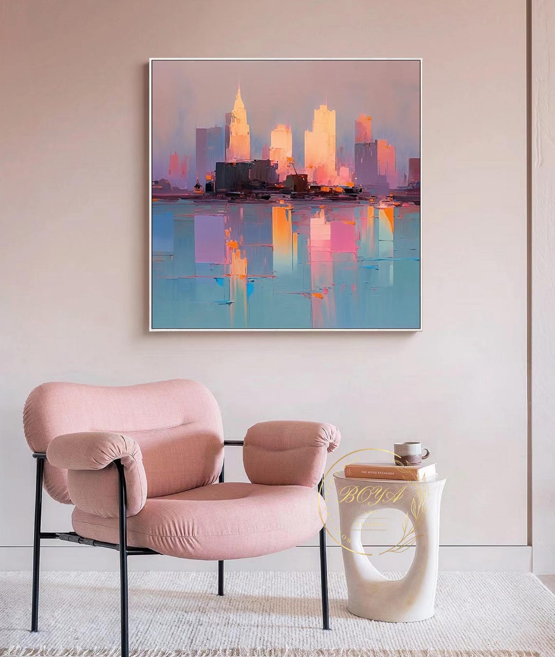 Romantic Pink City Skyline Reflected in Calm Blue Water Poster - Image 2