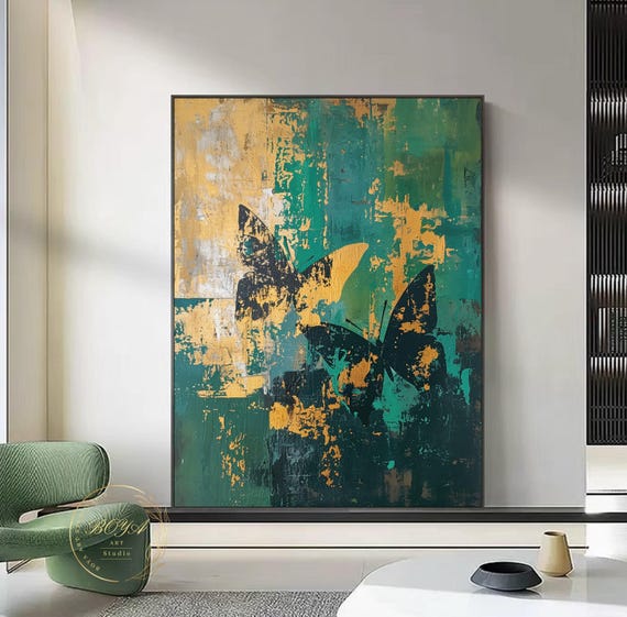 Original Butterfly Wall Art Large Green Oil Painting Gold Abstract Art Green Textured Painting Butterfly Abstract Painting Modern Art