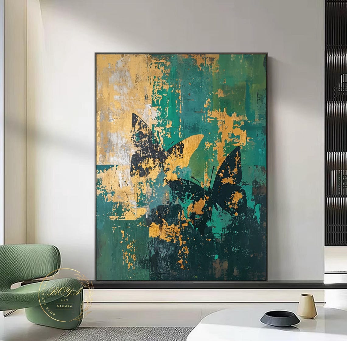 Black Butterflies on Green and Gold Textured Abstract Poster