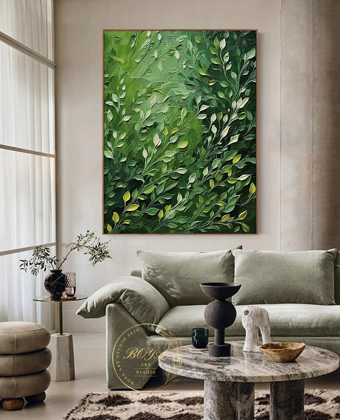 Green Leaves Abstract Painting, Modern Green Art Print - Image 2