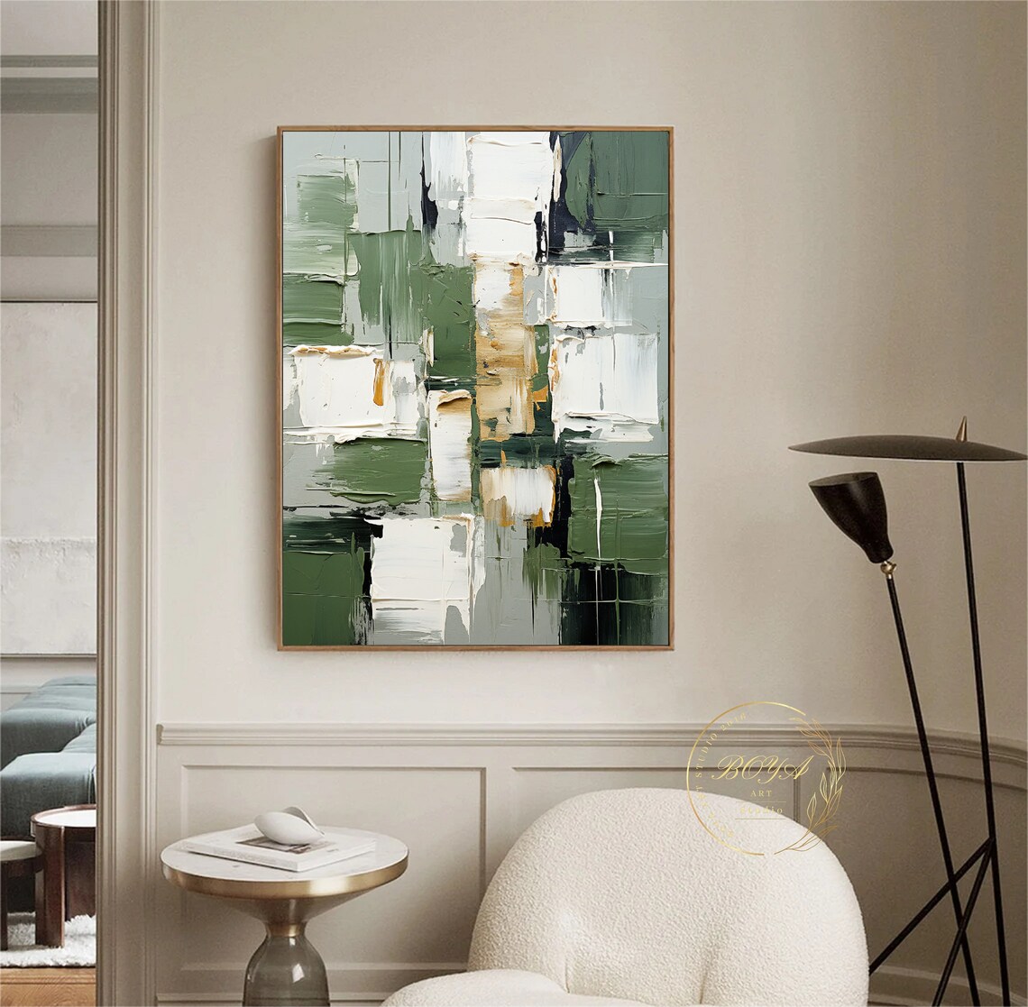 Original Green Abstract Painting White Textured Art Large Green Wall Art White Texture Painting Gold Abstract Art Modern Oil Painting - Image 2