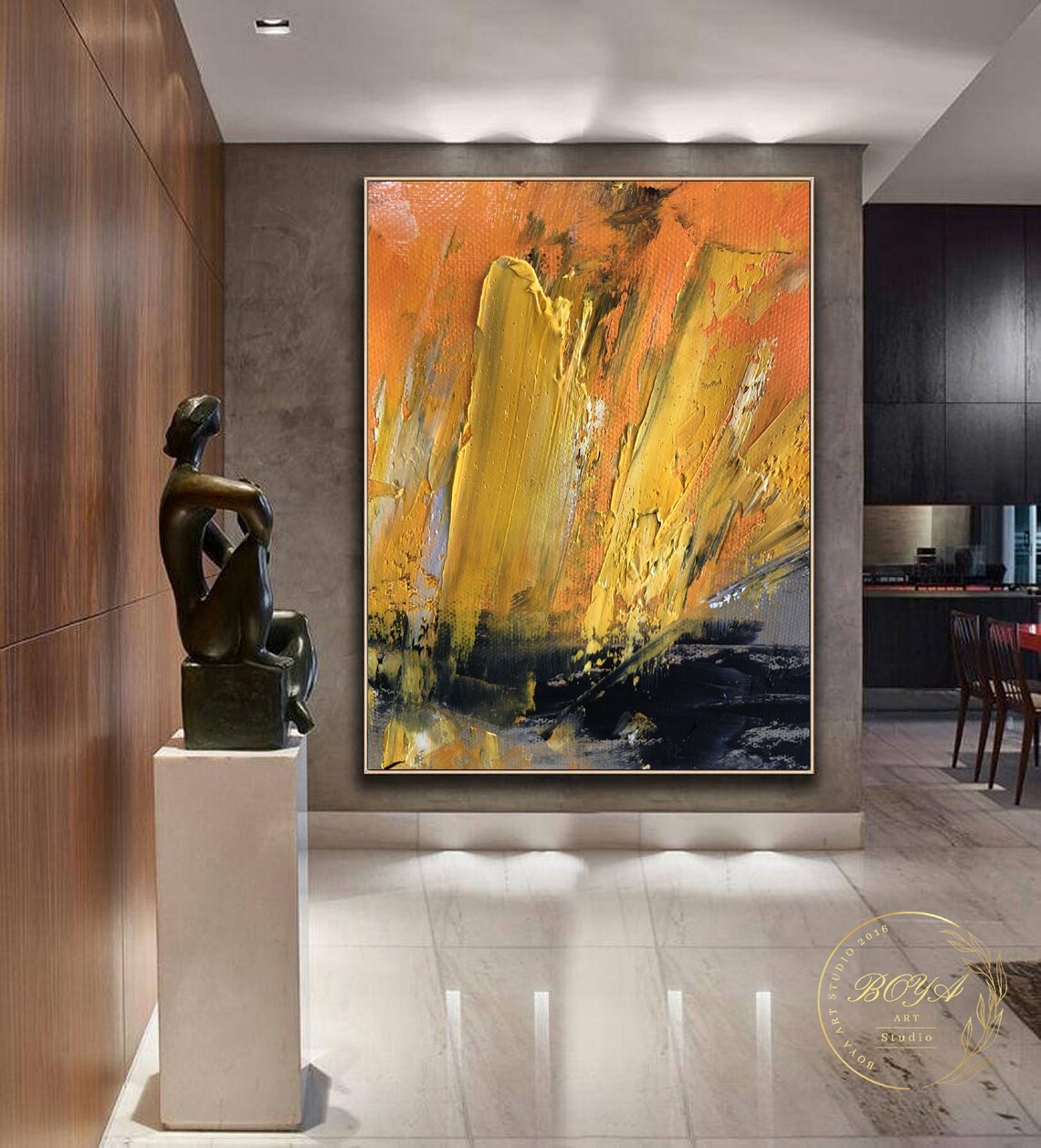 Fiery Orange Yellow Abstract with Black Impasto Textured Art Poster - Image 4