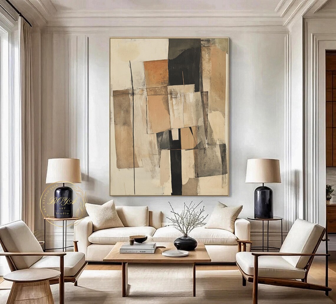 Tall Beige and Black Geometric Stacks Wabi Sabi Abstract Poster - Image 4