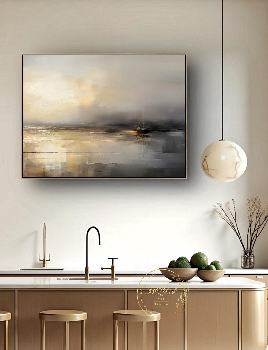 Horizontal Sailboat on Shimmering Gold Water Abstract Poster - Image 4