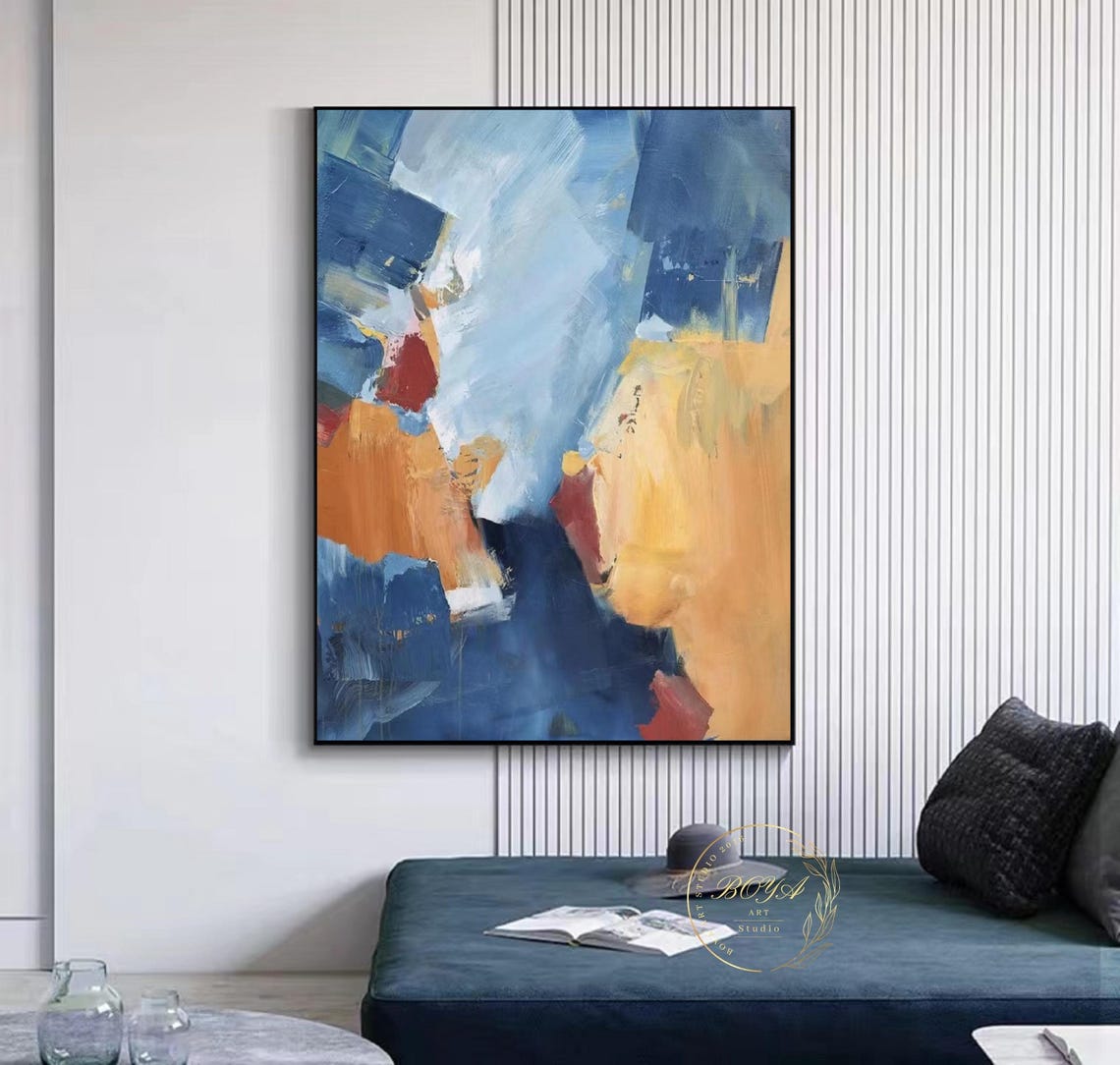 Bold Navy Blue Orange Diagonal Blocks Abstract Painting Poster - Image 5
