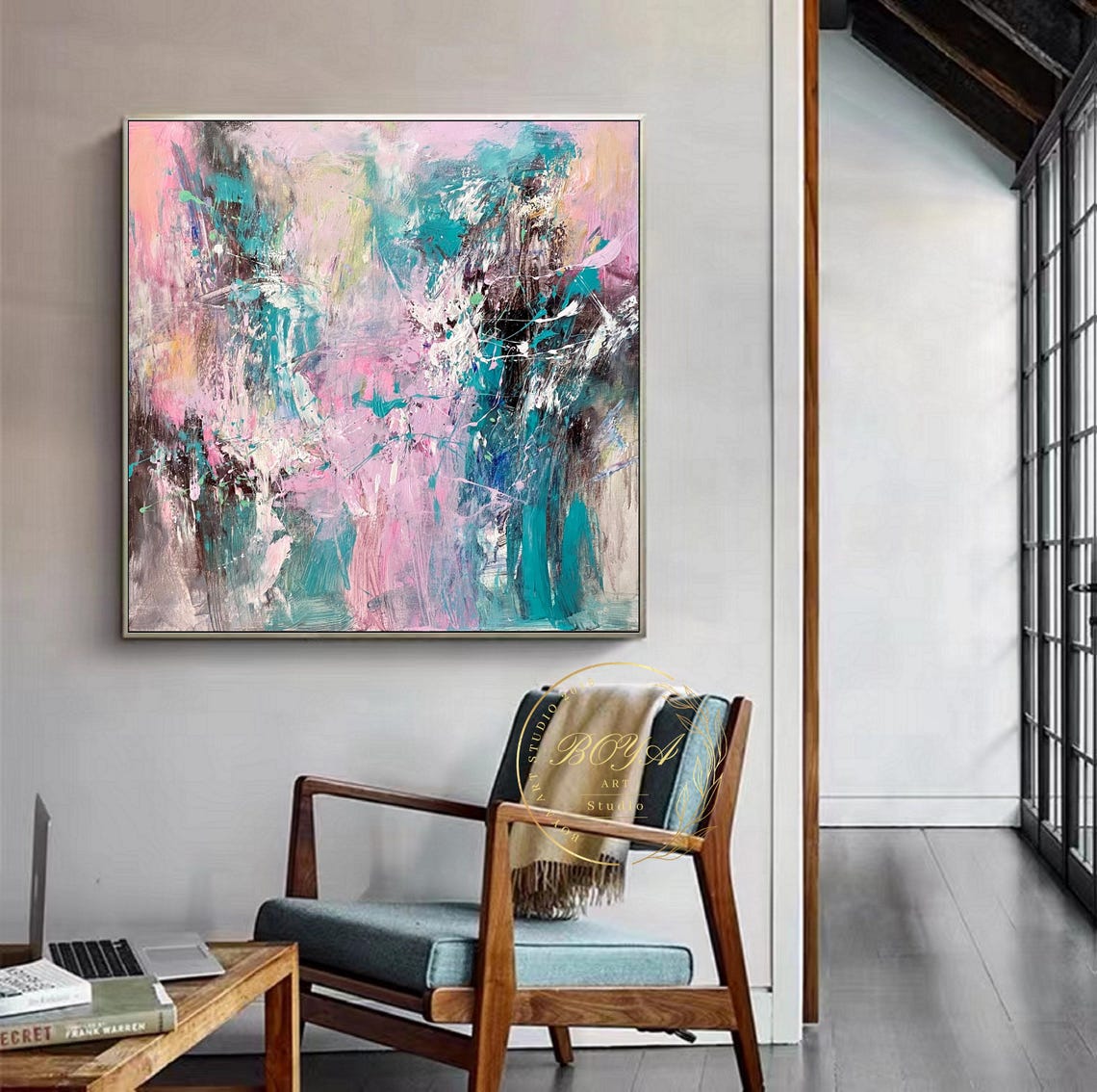 Pink Teal and White Splash Energetic Abstract Painting Poster - Image 2