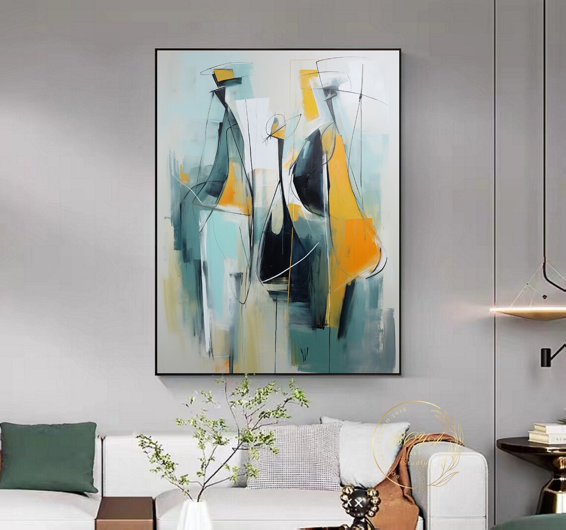 Modern Abstract Gathering of Figures in Teal and Burnt Orange Poster - Image 4