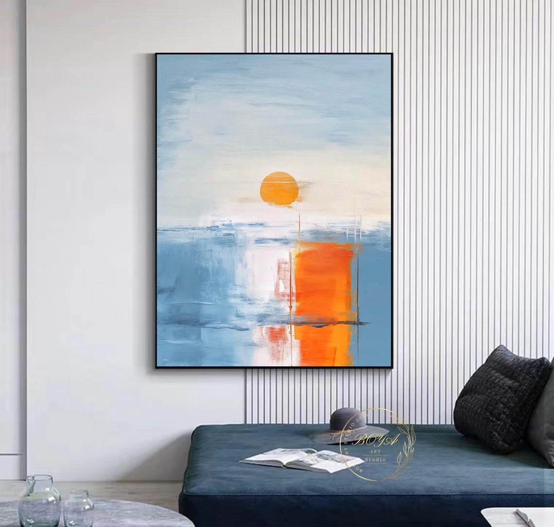 Minimalist Blue Sea Horizon with a Large Bold Orange Sun Poster - Image 4