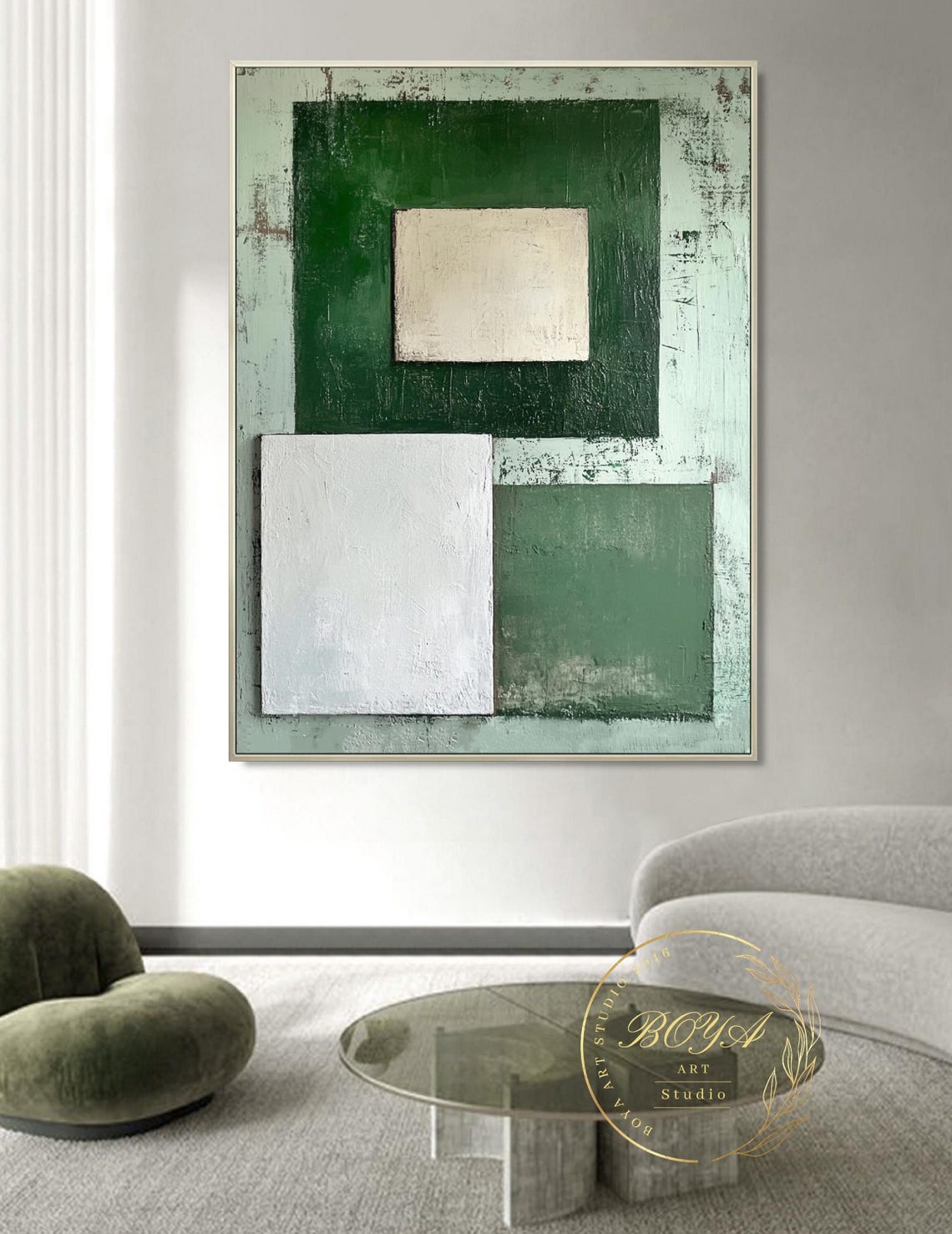 Original Green Abstract Painting Minimalist Green Wall Art White Textured Art Large Beige Painting Geometric Abstract Art Wabi Sabi Wall Art - Image 4