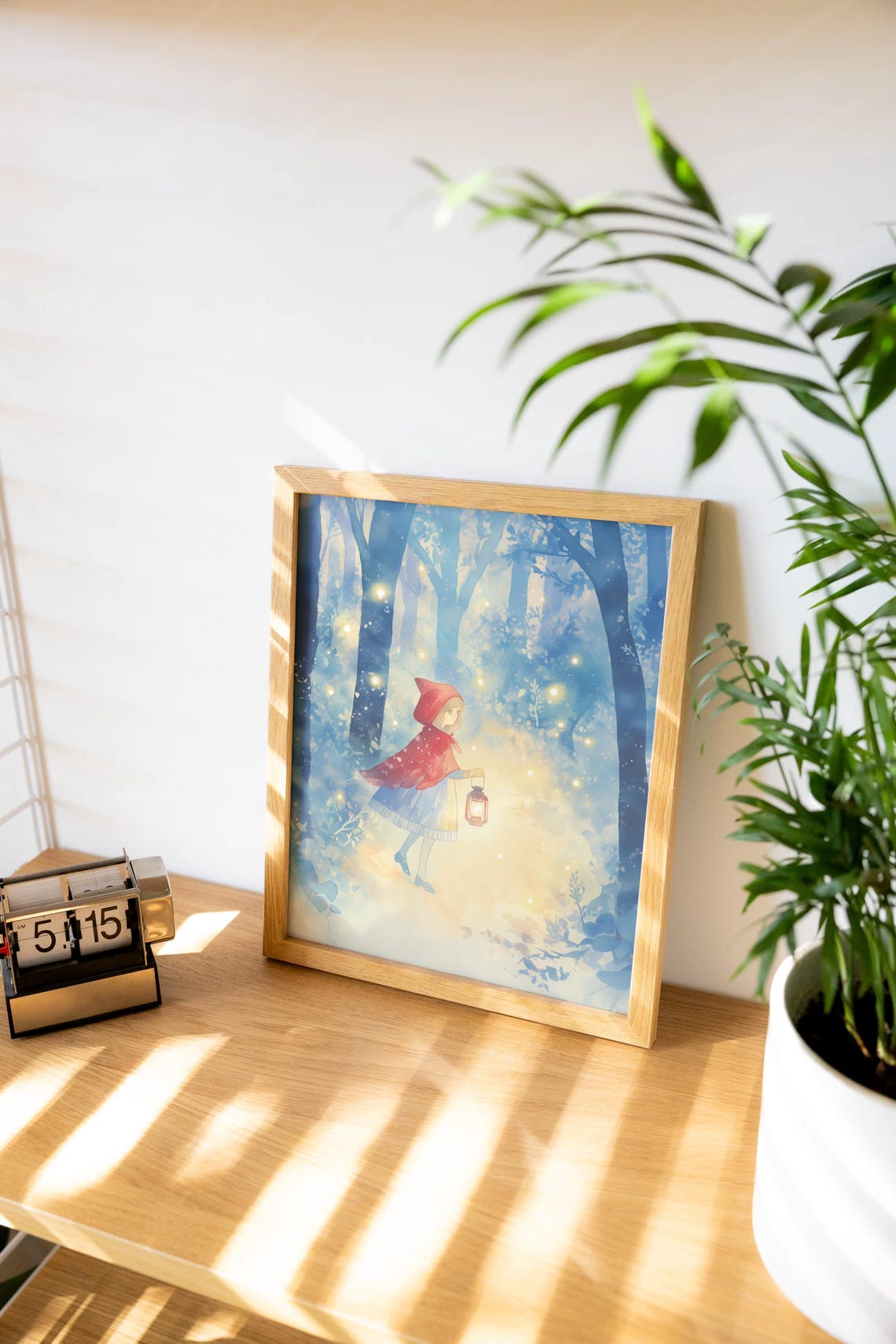 Little Girl in Red Cape Holding a Lantern in a Magic Forest Poster