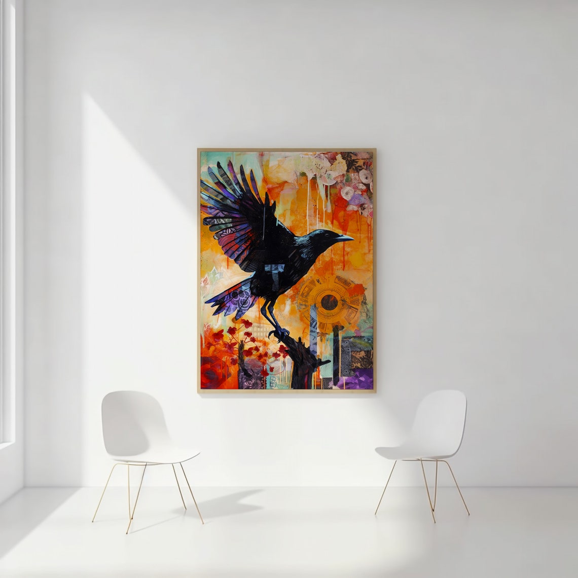 Raven in Flight Mixed Media Collage Corvid Orange Patterned Art Print - Image 2
