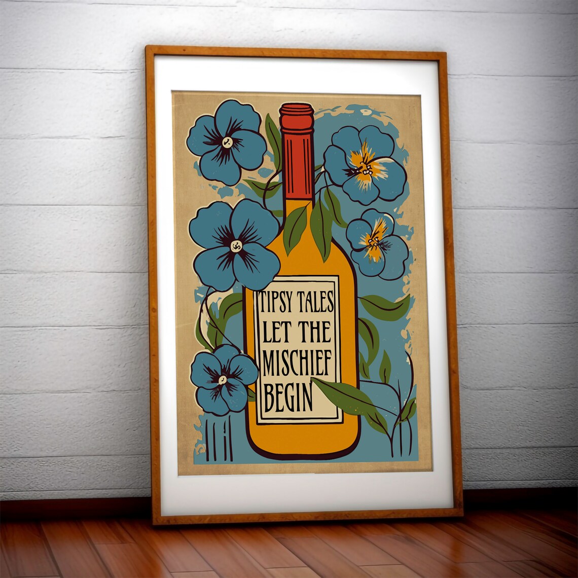 Tipsy Tales Wine Bottle Poster with Blue Florals and Playful Kitchen Quote - Image 2