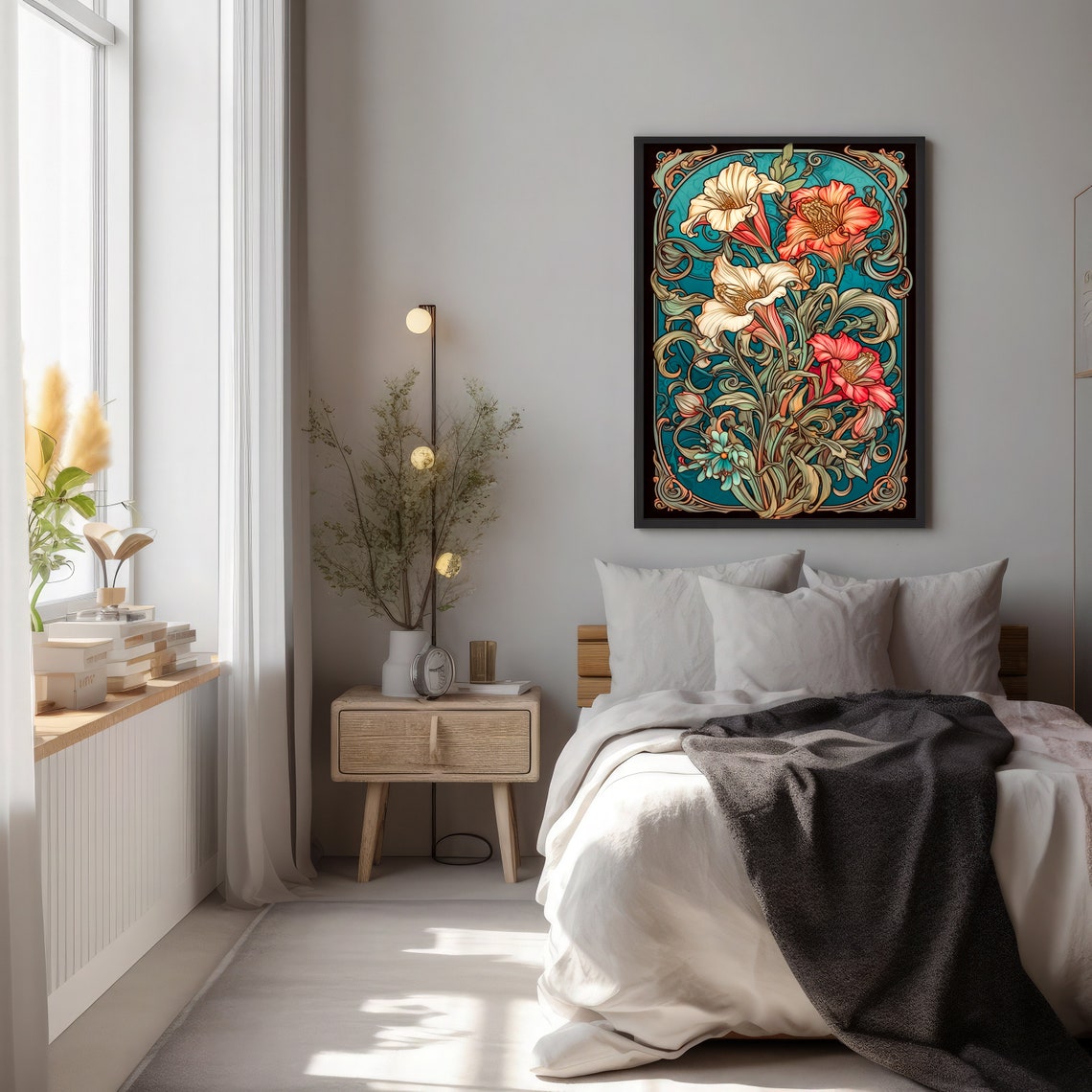 Art Nouveau Cream and Coral Florals Teal Botanical Art Print - Image 2