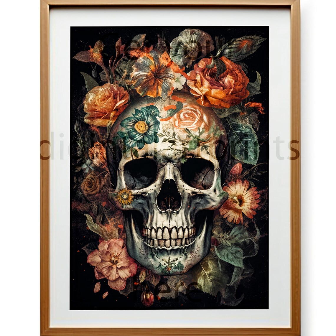 Ornamental Floral Skull With Roses on Dark Background Wall Art - Image 3