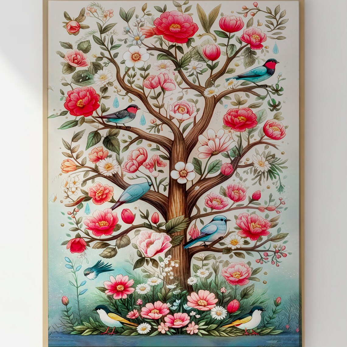 Tree of Life Watercolor Poster with Pink Blossoms and Blue Songbirds - Image 3