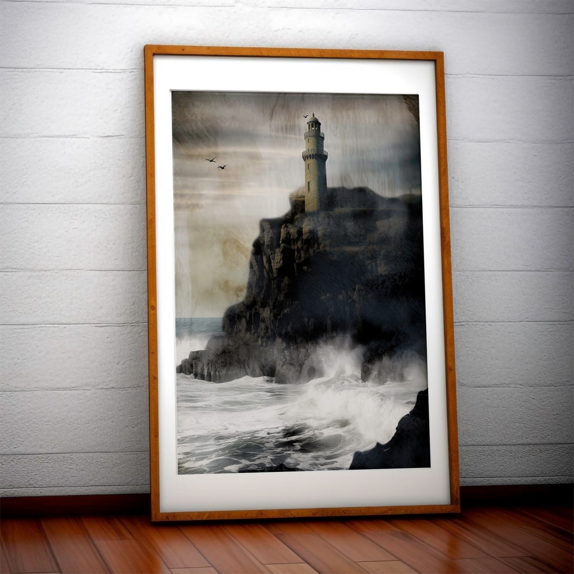 Lighthouse on Stormy Cliffs Moody Grayscale Seascape Art Print