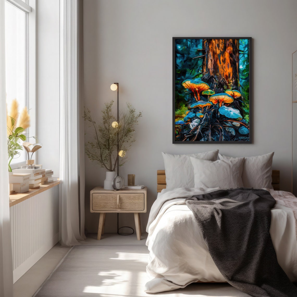 Glowing Blue and Orange Mushrooms on a Mossy Forest Tree Trunk Poster - Image 2