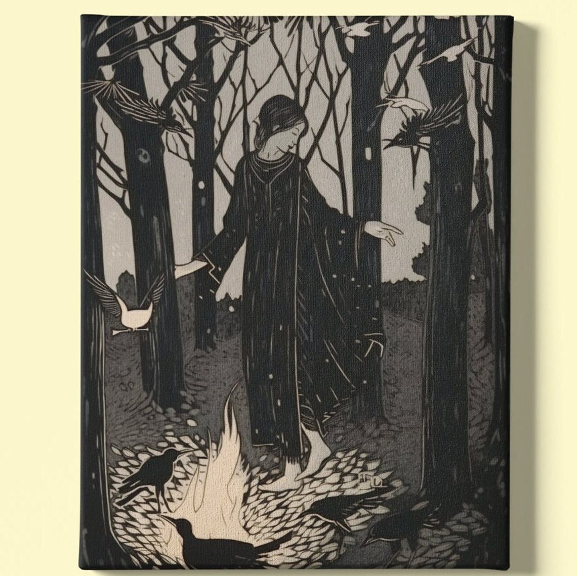 Corvid Night Gathering With Crows and a Campfire Woodcut Style Poster - Image 3