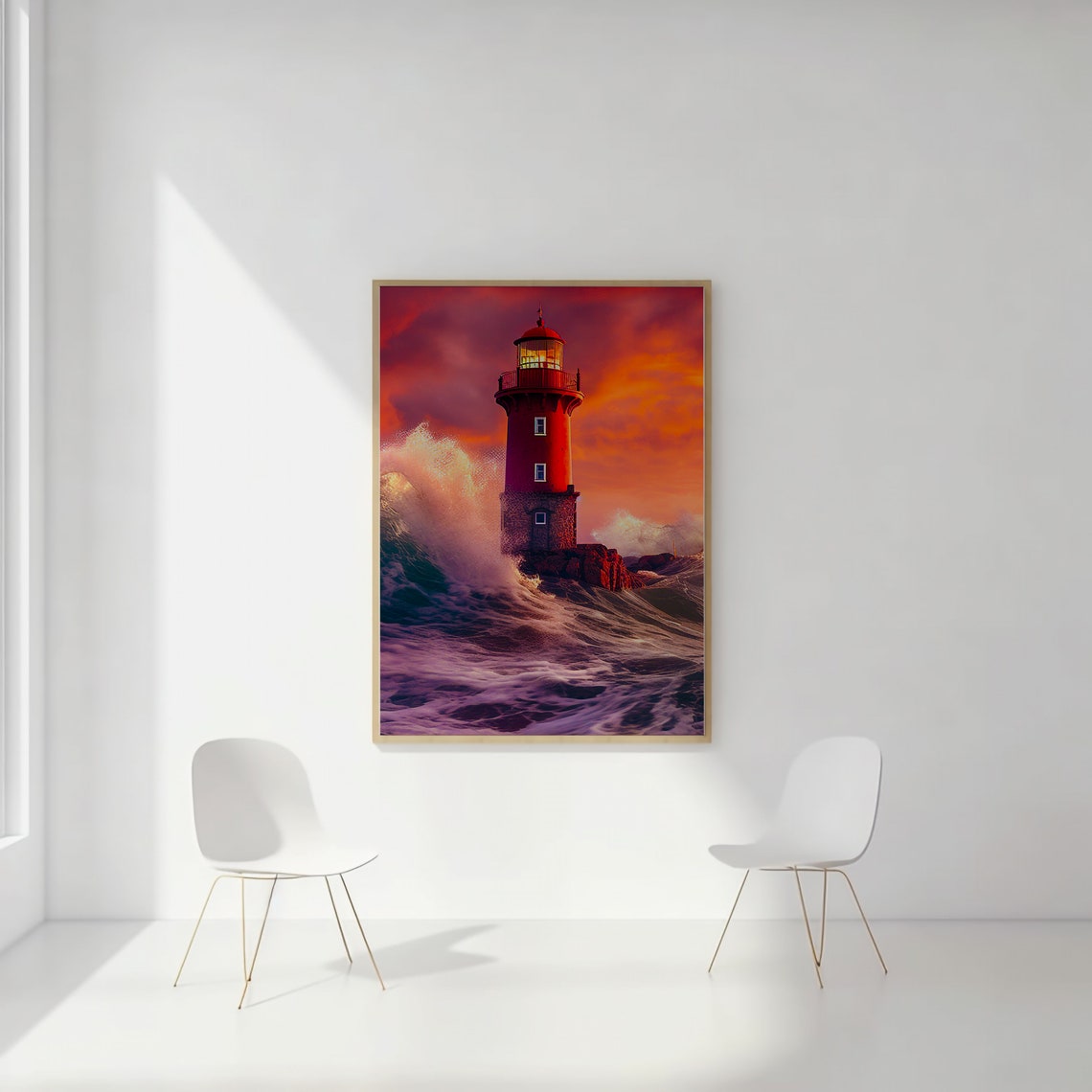 Red Lighthouse Storm Waves Sunset Dramatic Seascape Art Print - Image 2