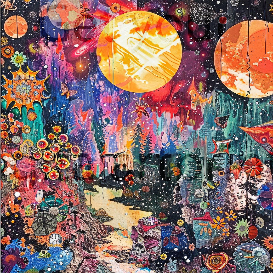 Celestial Maximalist Art of Moon Over a Cosmic Garden Poster - Image 3