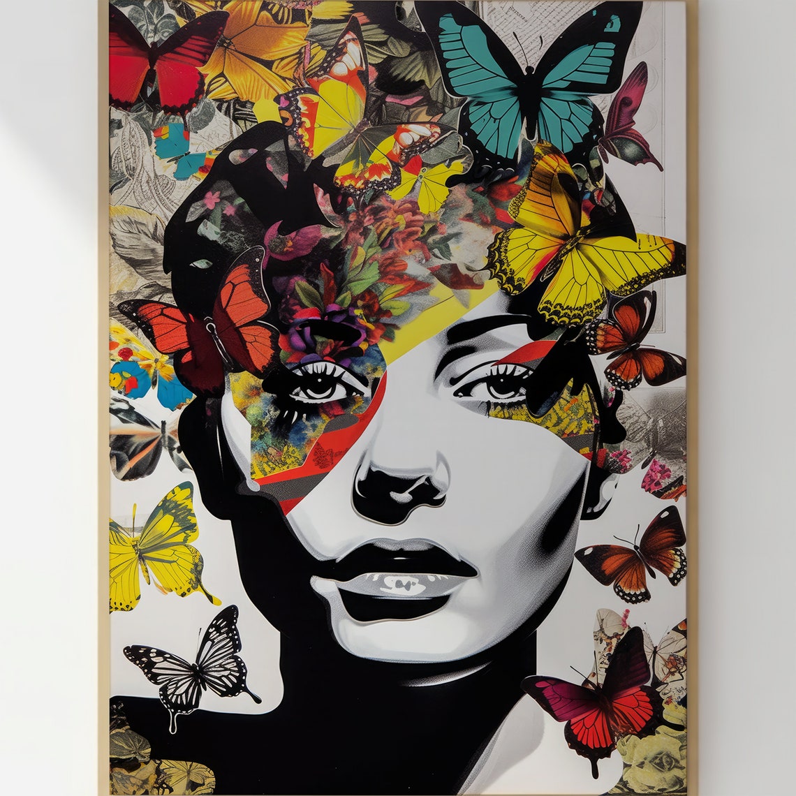 Pop Art Woman Face Colorful Butterfly Collage Modern Wall Art - Image 3