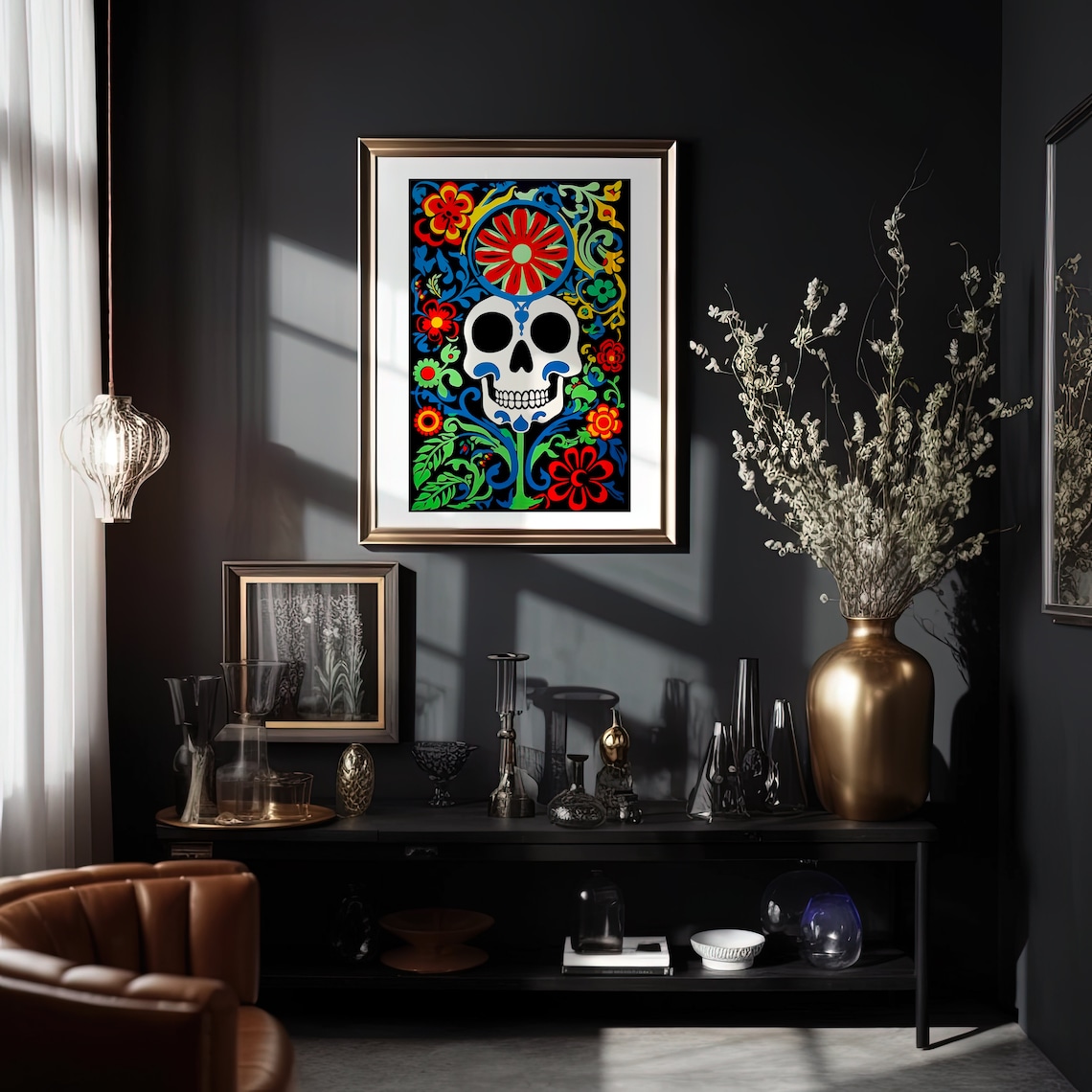 Colorful Sugar Skull with Flowers Day of the Dead Gothic Poster - Image 2