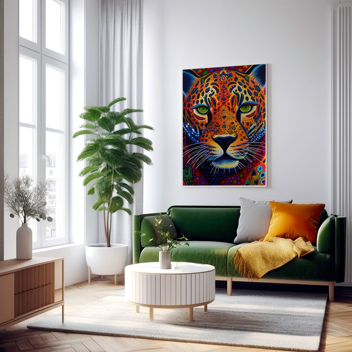 Colorful Huichol Folk Art Jaguar Portrait Vibrant Mexican Poster - Image 2