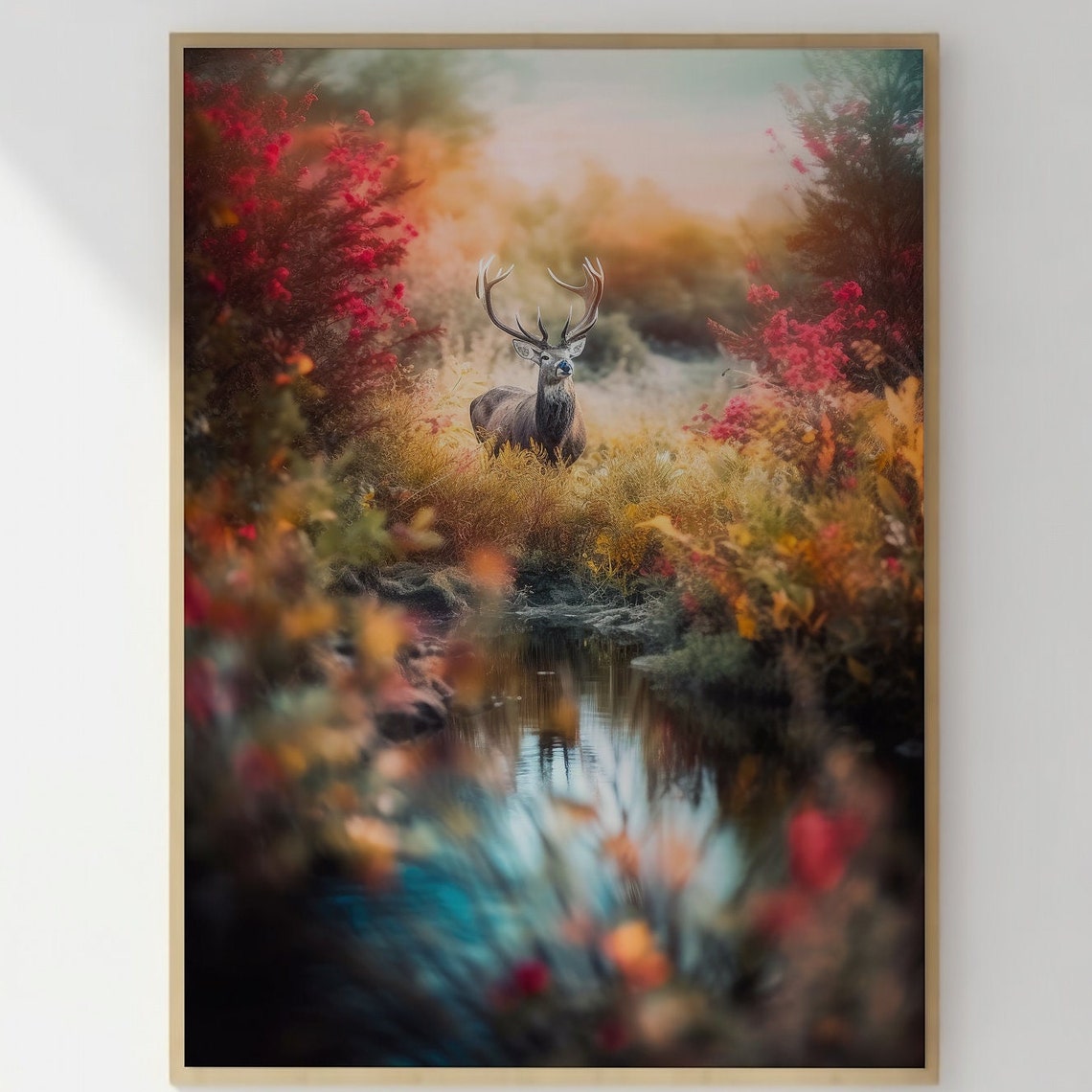 Majestic Stag Deer Autumn River Forest Nature Photography Wall Art - Image 3