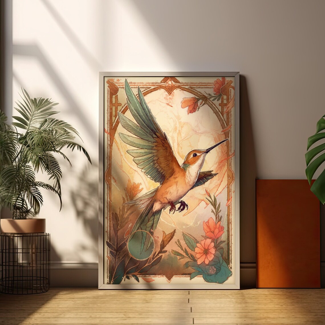 Mucha Inspired Hummingbird in Flight Art Nouveau Watercolor Bird Poster - Image 2