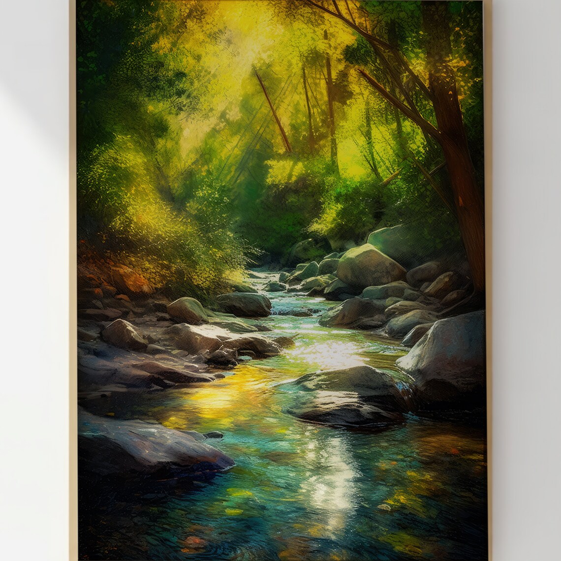 Sunlit Forest Stream in a Foggy Green Woodland Nature Poster - Image 3