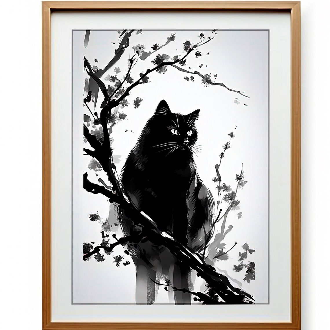 Black Cat on a Blossom Branch Japanese Sumi Ink Wash Style Cat Poster - Image 3