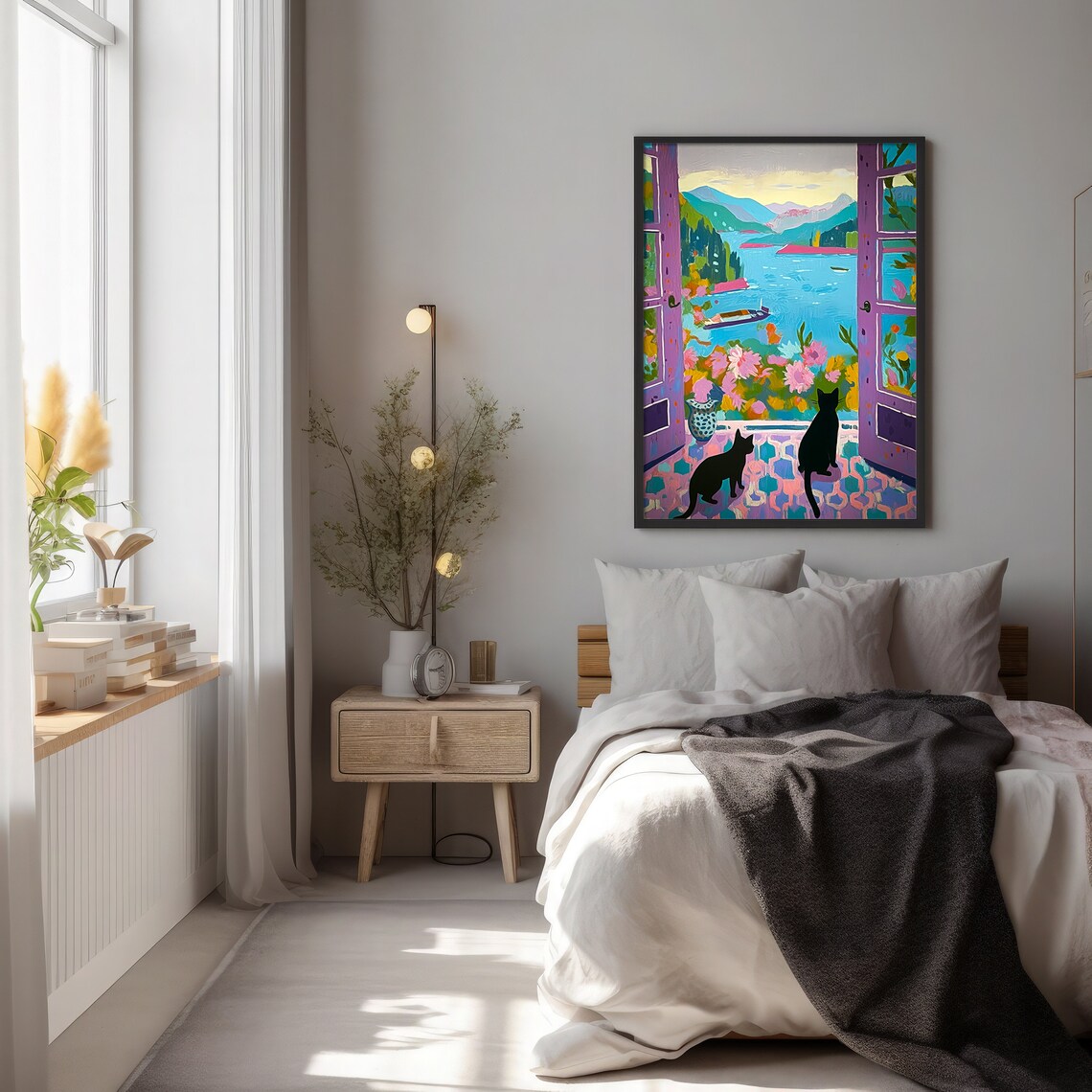 Two Black Cats At Open Window Purple Shutters Matisse Style Fauvist Print - Image 2