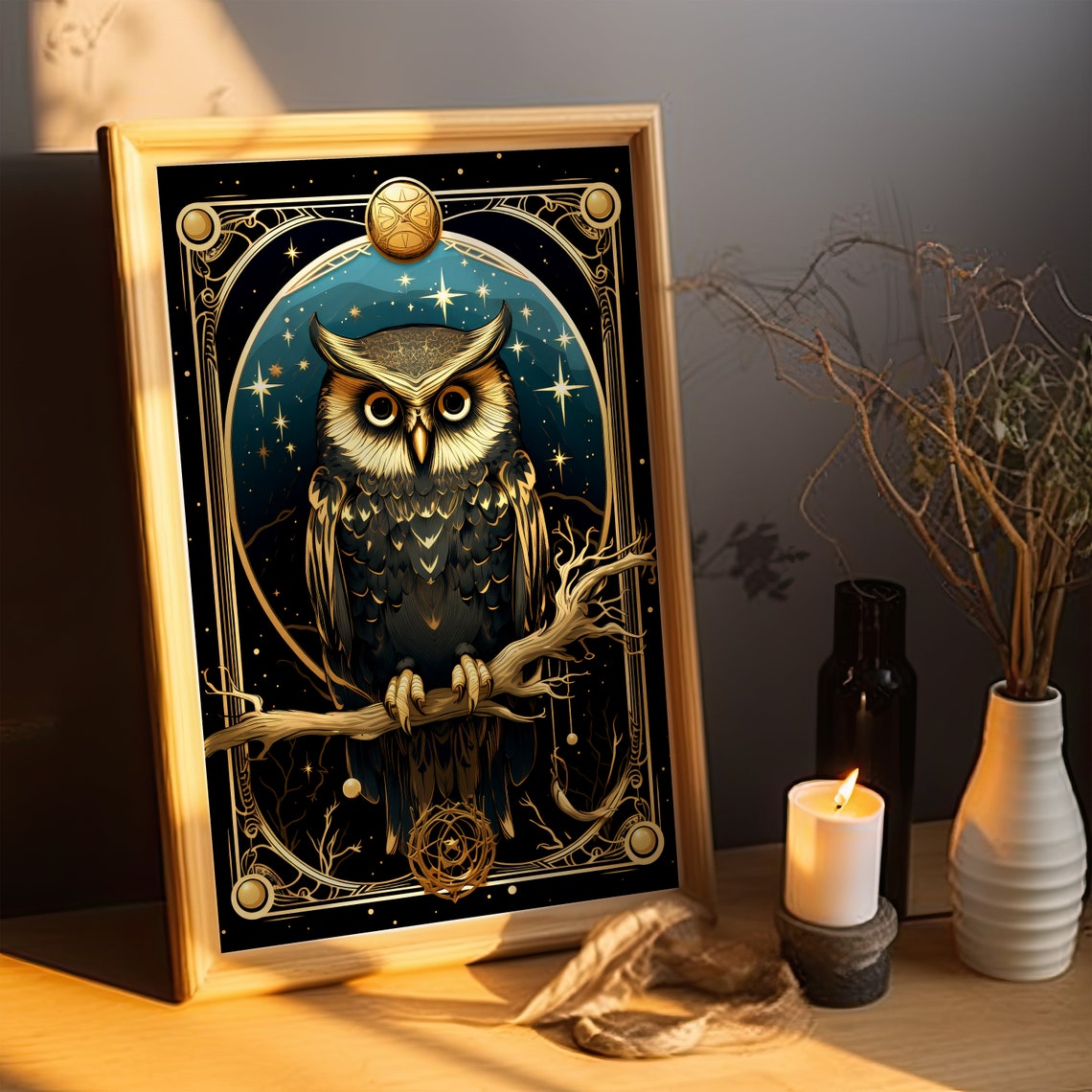 Golden Owl Tarot Card Style Celestial Starry Night Art Poster - Image 2