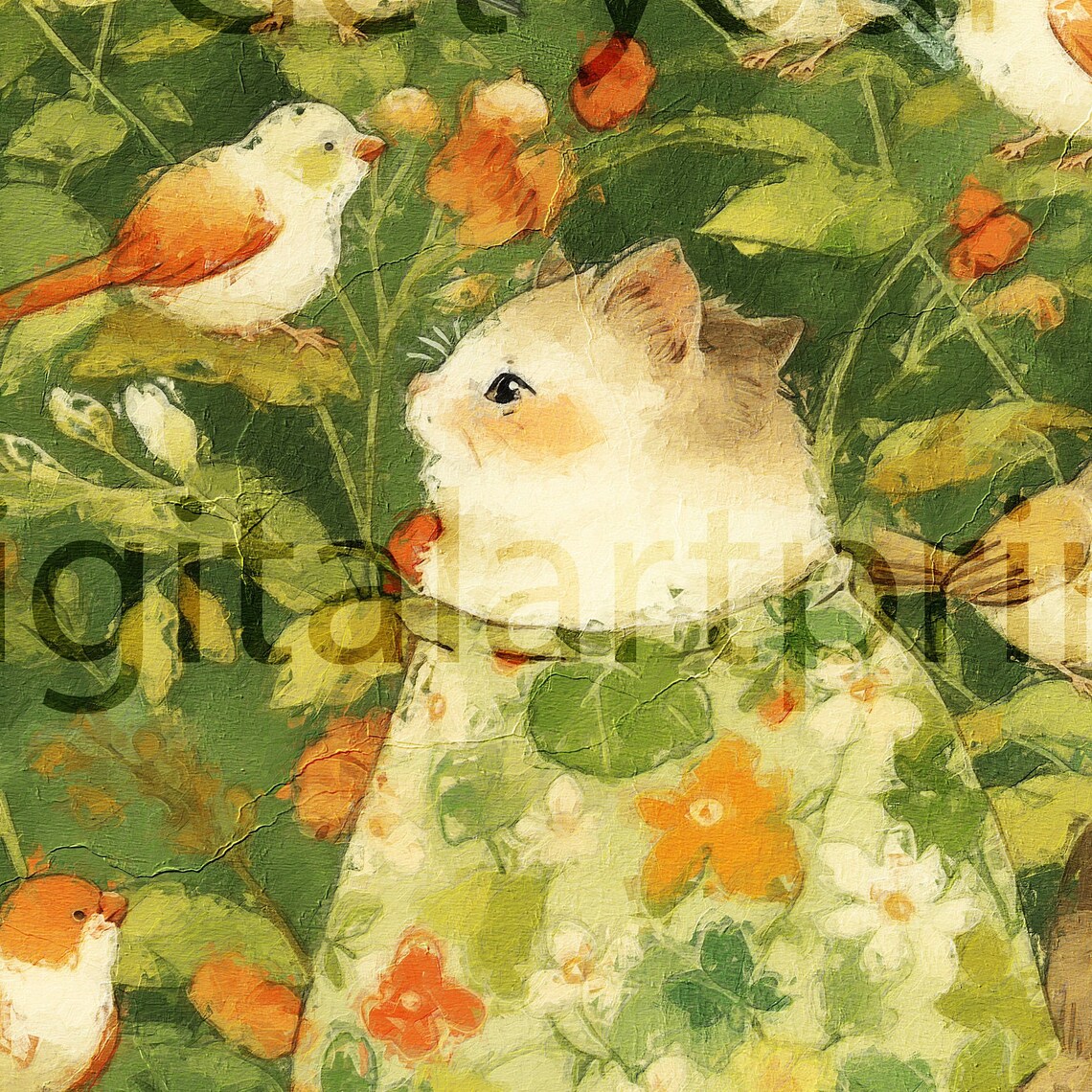 Cute Cat in Floral Dress Watercolor Art Print with Songbirds Nursery - Image 3